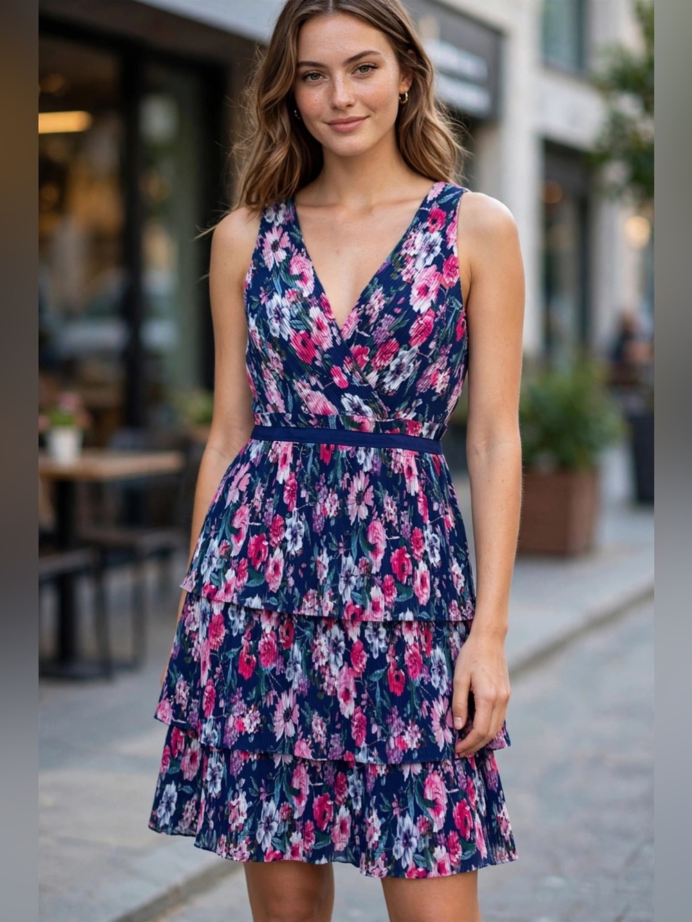 Adrianna Papell Garden Space Pleated Tiered Dress Size 4